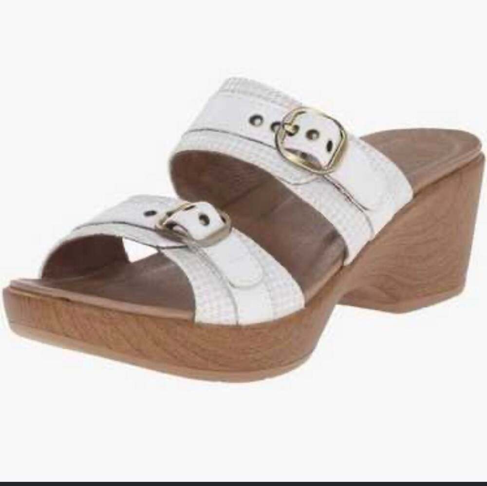 Dansko Jessie White Leather Cream Houndstooth 2 Strap Buckle Wedge Sandal 41